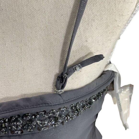 David’s Bridal Pewter Gray Shimmer Adjustable Strapless Fog foil Split Gown Sz 4 - Picture 6 of 8